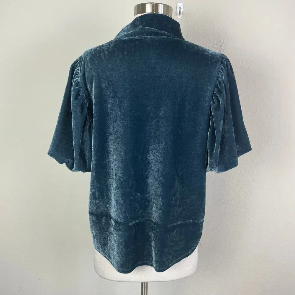Free People Blue Velvet Claudia Puff Sleeve Short Sleeve Top Large